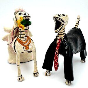 Calavera Novios Dogs Retablo Skeleton Newlywed Bride Groom Painted Plaster